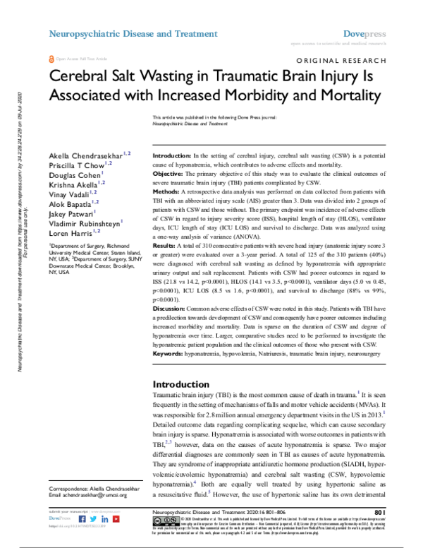 (PDF) Cerebral Salt Wasting in Traumatic Brain Injury is Associated ...