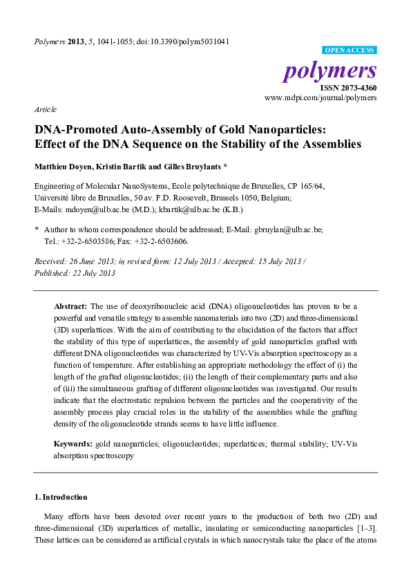 (PDF) DNAPromoted AutoAssembly of Gold Nanoparticles Effect of the DNA Sequence on the