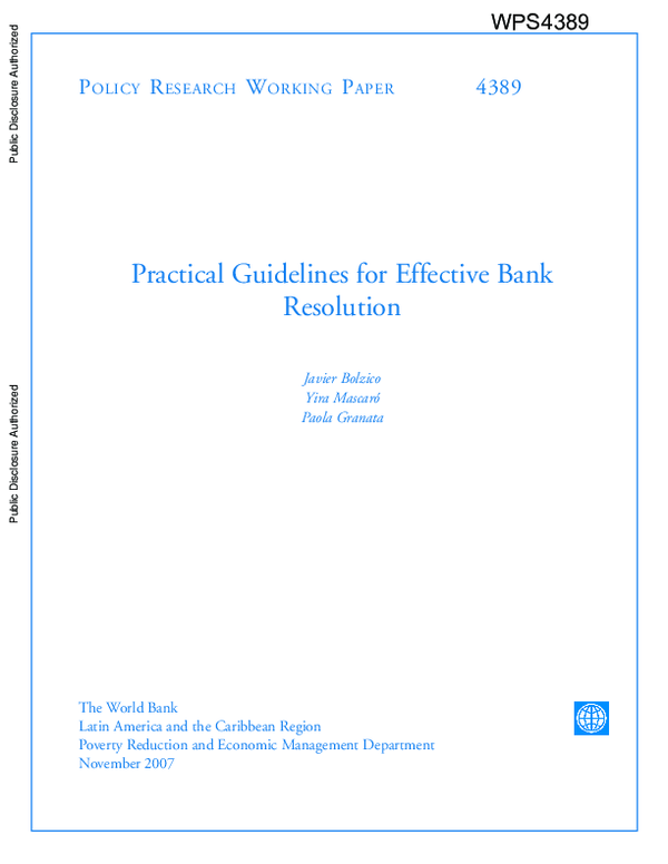 (PDF) Practical guidelines for effective bank resolution