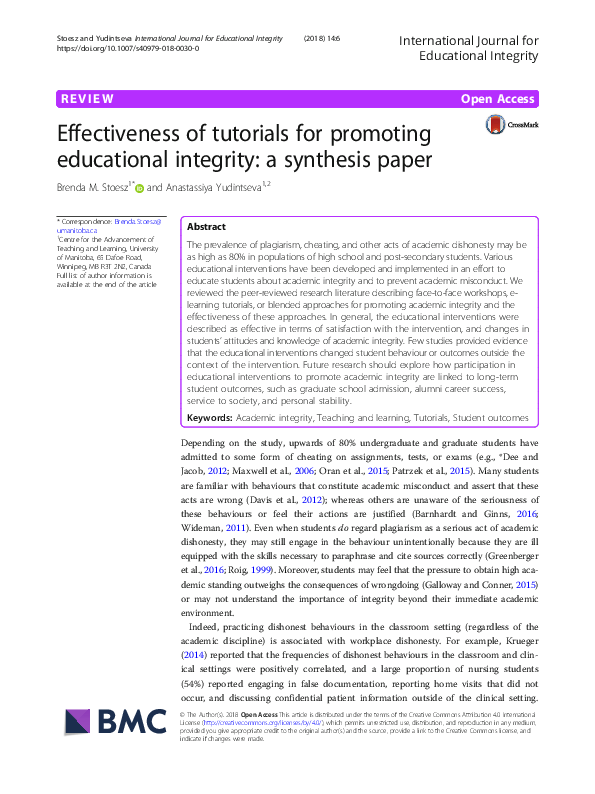 (PDF) Effectiveness of Tutorials for Promoting Educational Integrity: A ...