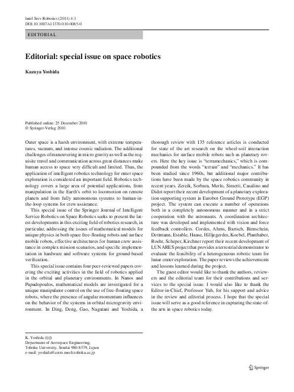 (PDF) Editorial: special issue on space robotics