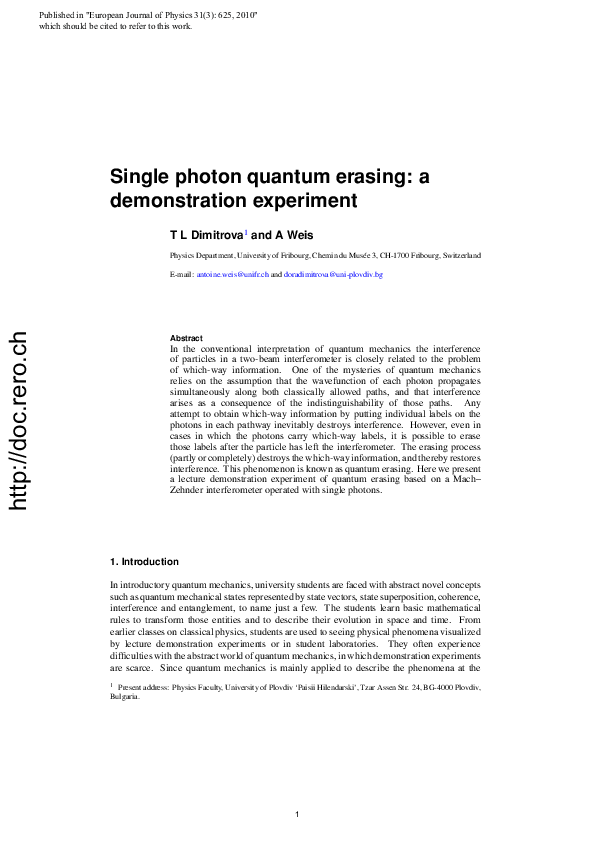 (PDF) Single photon quantum erasing: a demonstration experiment