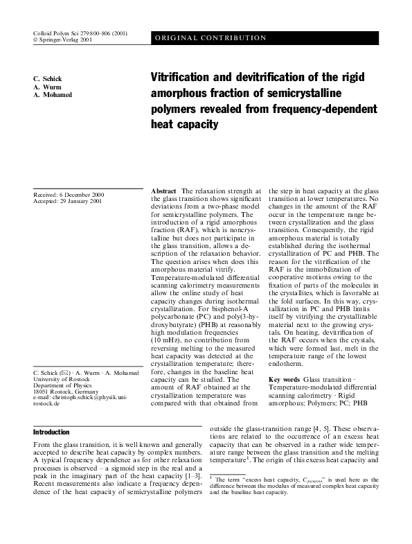(PDF) Vitrification and devitrification of the rigid amorphous fraction ...