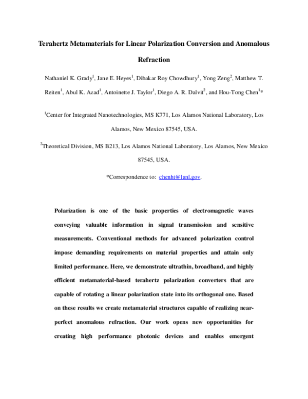 (PDF) Terahertz Metamaterials for Linear Polarization Conversion and ...