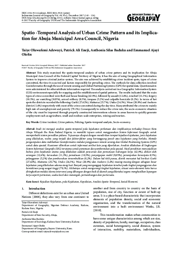 (PDF) Spatio-Temporal Analysis of Urban Crime Pattern and its ...