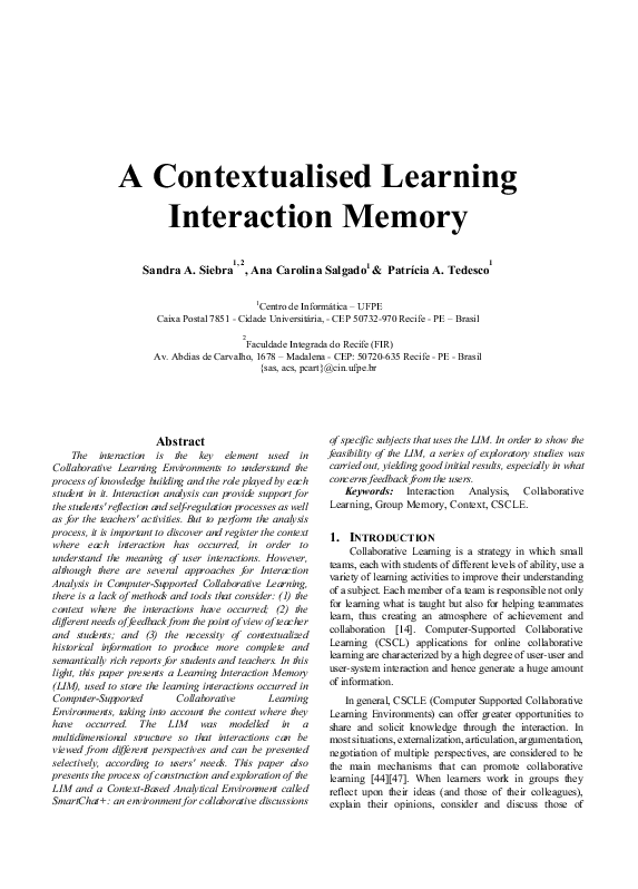 (PDF) A contextualised Learning Interaction Memory