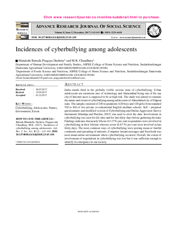 (PDF) Incidences of cyberbullying among adolescents