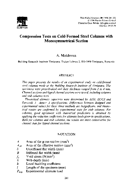 (PDF) Compression tests on cold-formed steel columns with ...