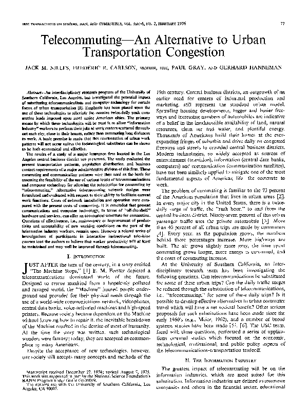(PDF) Telecommuting - An Alternative to Urban Transportation Congestion