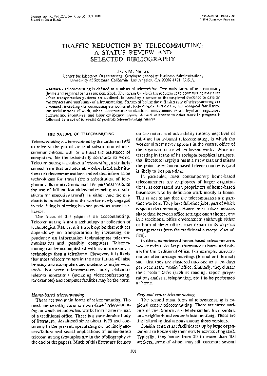 (PDF) Traffic reduction by telecommuting: A status review and selected ...