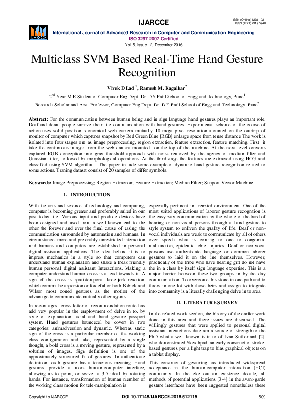 (PDF) Multiclass SVM Based Real-Time Hand Gesture Recognition