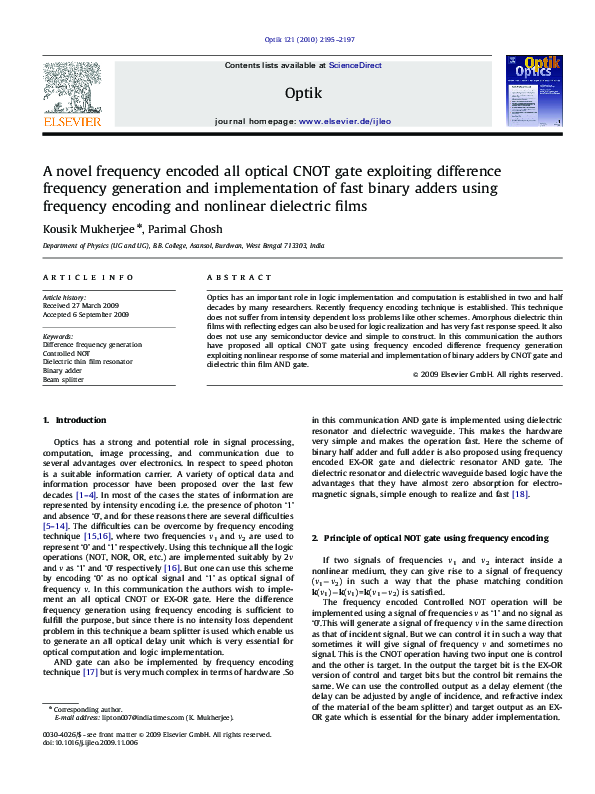 (PDF) A novel frequency encoded all optical CNOT gate exploiting ...