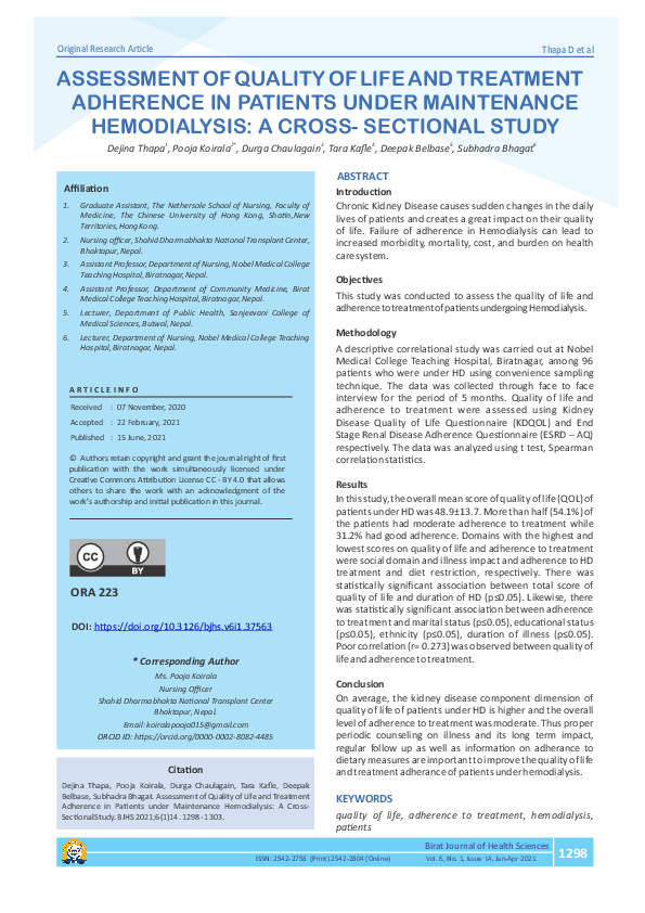 (PDF) Assessment of Quality of Life and Treatment Adherence in Patients ...