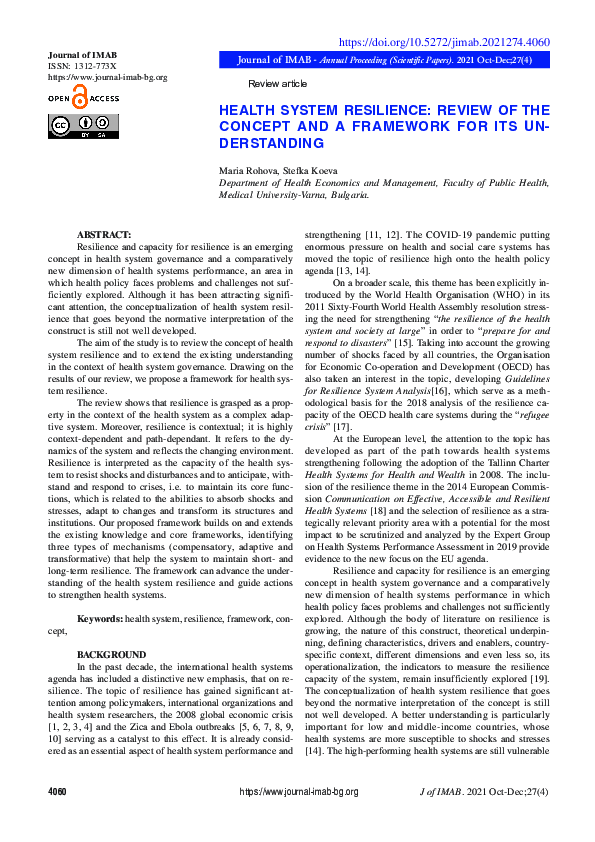 Pdf Health System Resilience Review Of The Concept And A Framework