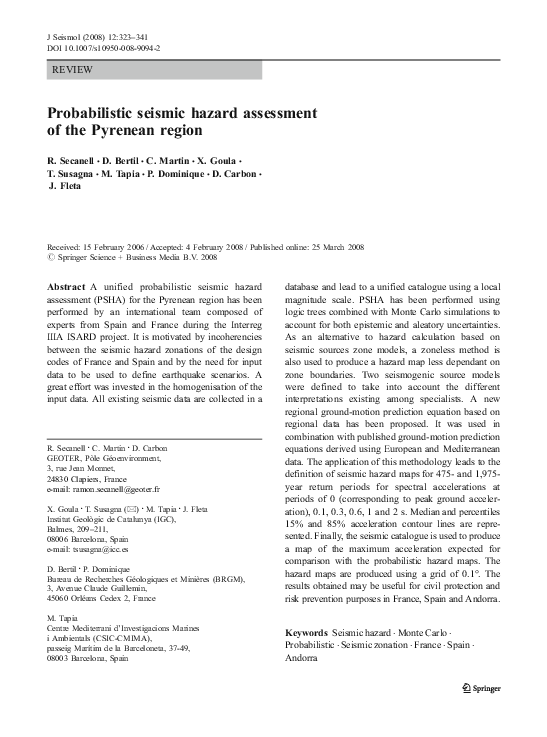 (PDF) Probabilistic seismic hazard assessment of the Pyrenean region