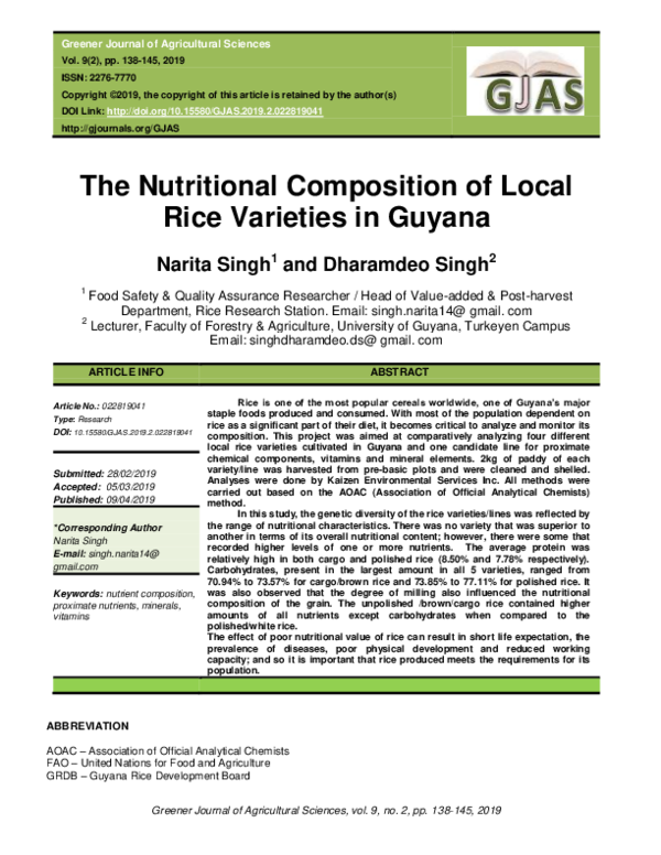 (PDF) The Nutritional Composition of Local Rice Varieties in Guyana