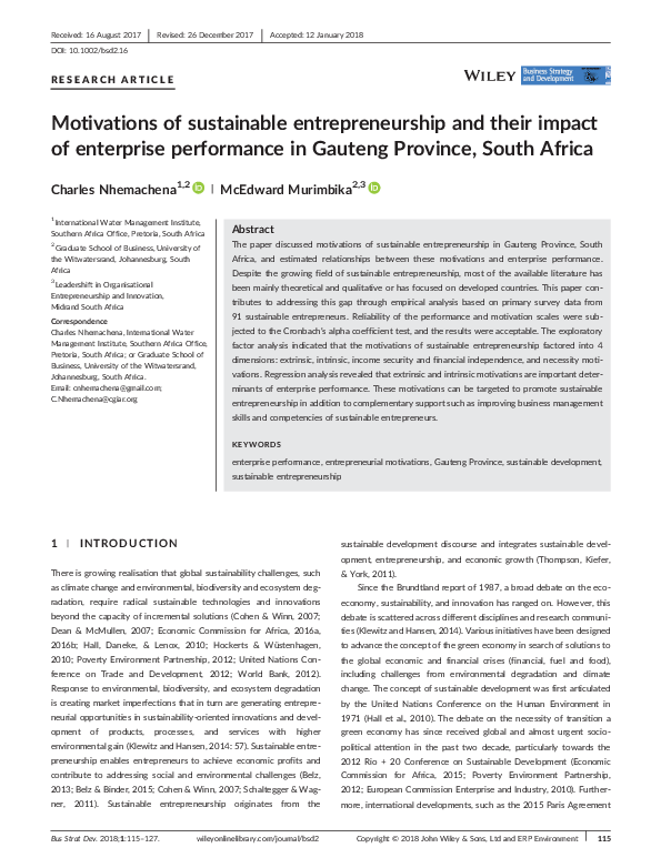 (PDF) Motivations of sustainable entrepreneurship and their impact of ...