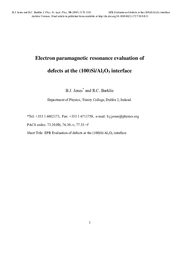 (PDF) Electron paramagnetic resonance evaluation of defects at the (100 ...
