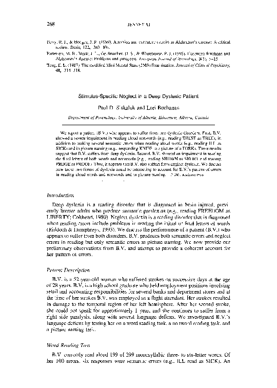 (PDF) Stimulus-Specific Neglect in a Deep Dyslexic Patient