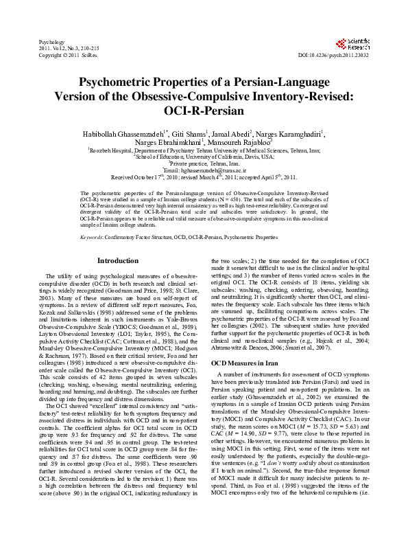 (PDF) Psychometric Properties of a Persian-Language Version of the ...