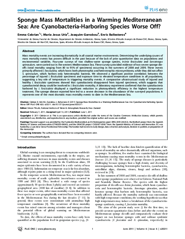 (PDF) Sponge mass mortalities in a warming mediterranean sea: Are ...