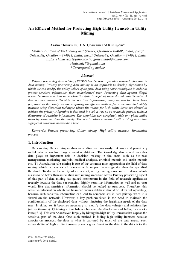 (PDF) An Efficient Method for Protecting High Utility Itemsets in ...