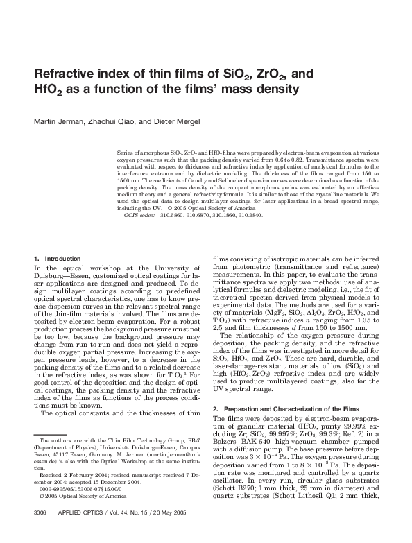 (PDF) Refractive index of thin films of SiO2, ZrO2, and HfO2 as a