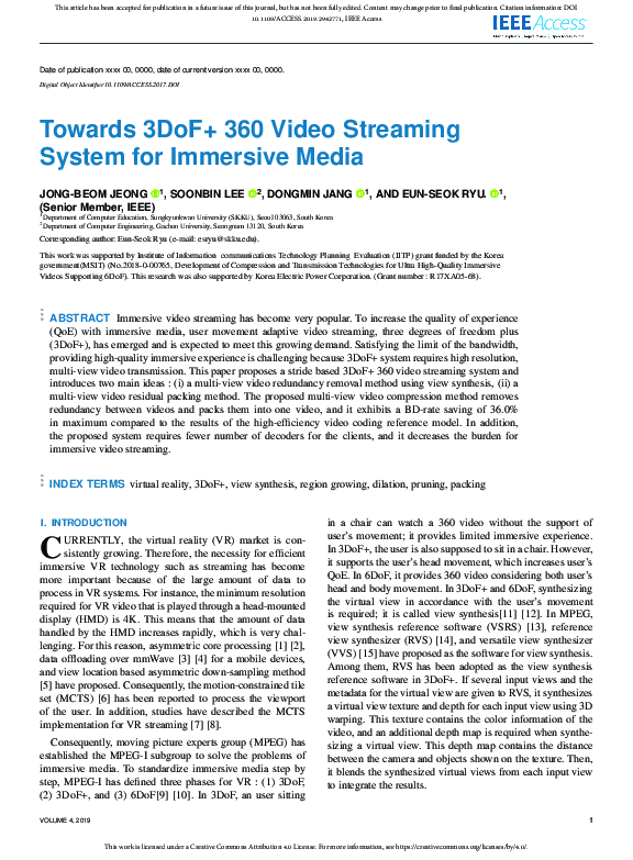 (PDF) Towards 3DoF+ 360 Video Streaming System for Immersive Media