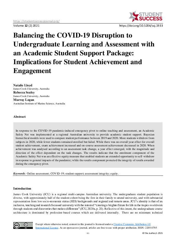 (PDF) Balancing the COVID-19 Disruption to Undergraduate Learning and ...