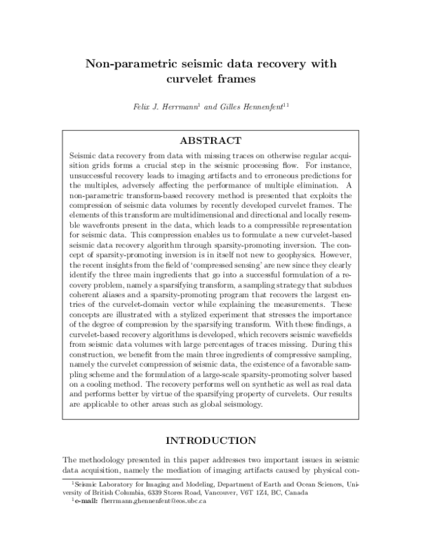 (PDF) Non‐parametric seismic data recovery with curvelet frames