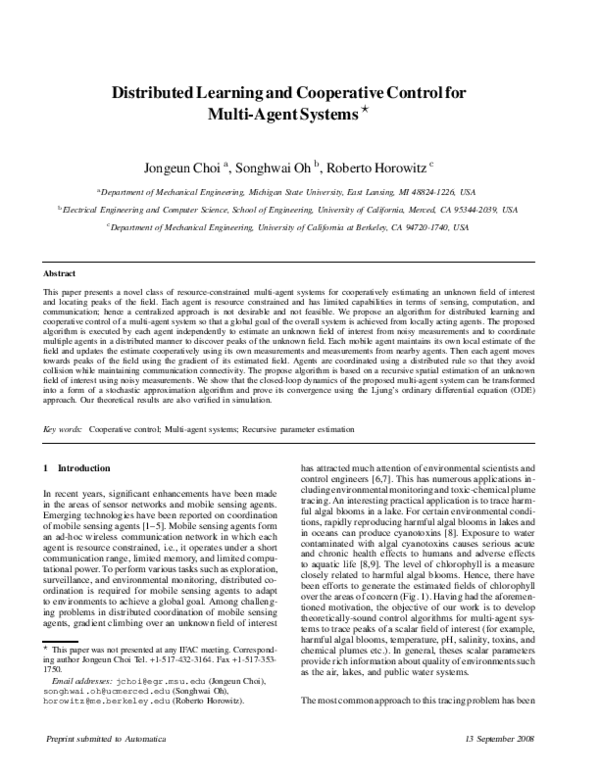 (PDF) Distributed learning and cooperative control for multi-agent systems