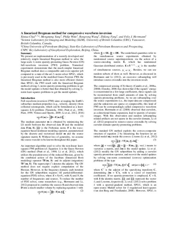 (PDF) A linearized Bregman method for compressive waveform inversion