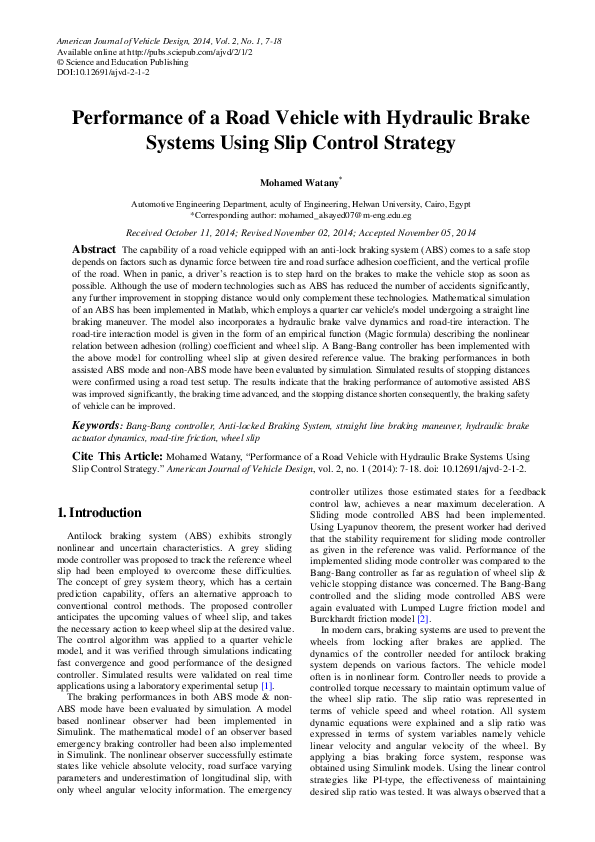 (PDF) Performance of a Road Vehicle with Hydraulic Brake Systems Using
