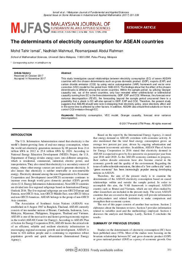 (PDF) The determinants of electricity consumption for ASEAN countries