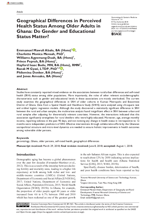 (PDF) Geographical Differences in Perceived Health Status Among Older ...