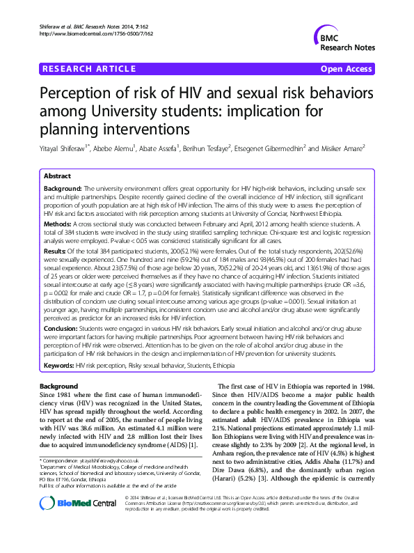 (PDF) Perception of risk of HIV and sexual risk behaviors among ...