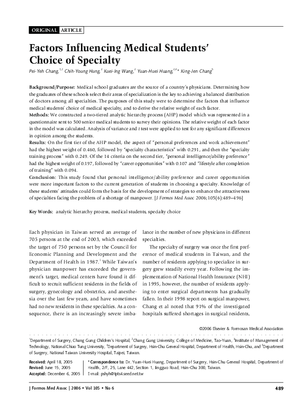 (PDF) Factors Influencing Medical Students' Choice of Specialty