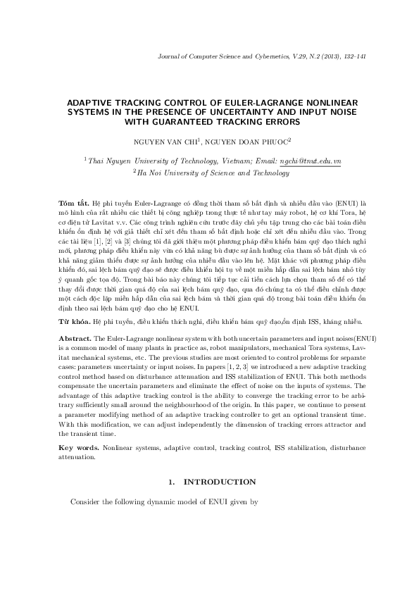 (PDF) Adaptive tracking control of Euler-Lagrange nonlinear systems in ...