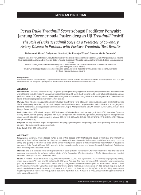 (PDF) Peran Duke Treadmill Score sebagai Prediktor Penyakit Jantung ...