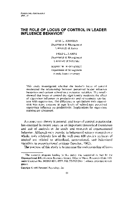 (PDF) The Role of Locus of Control in Leader Influence BEHAVIOR1