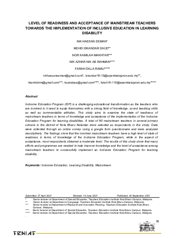 (PDF) Level of Readiness and Acceptance of Mainstream Teachers Towards ...