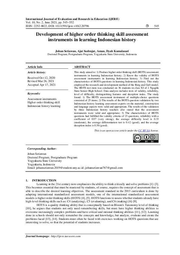 (PDF) Development of higher order thinking skill assessment instruments ...