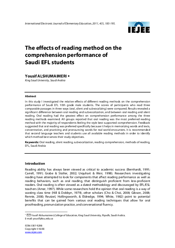 (PDF) The effects of reading method on the comprehension performance of ...