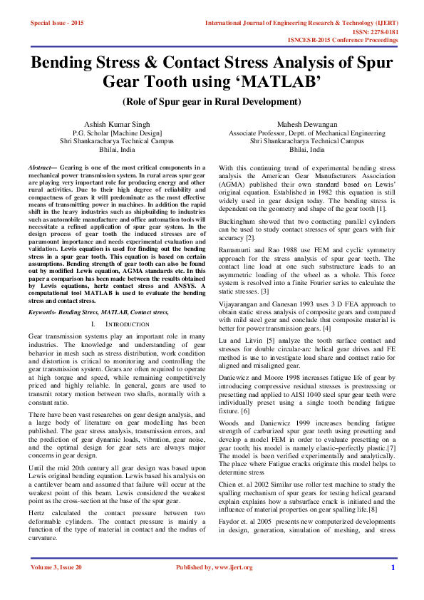 (PDF) Bending Stress & Contact Stress Analysis of Spur Gear Tooth using