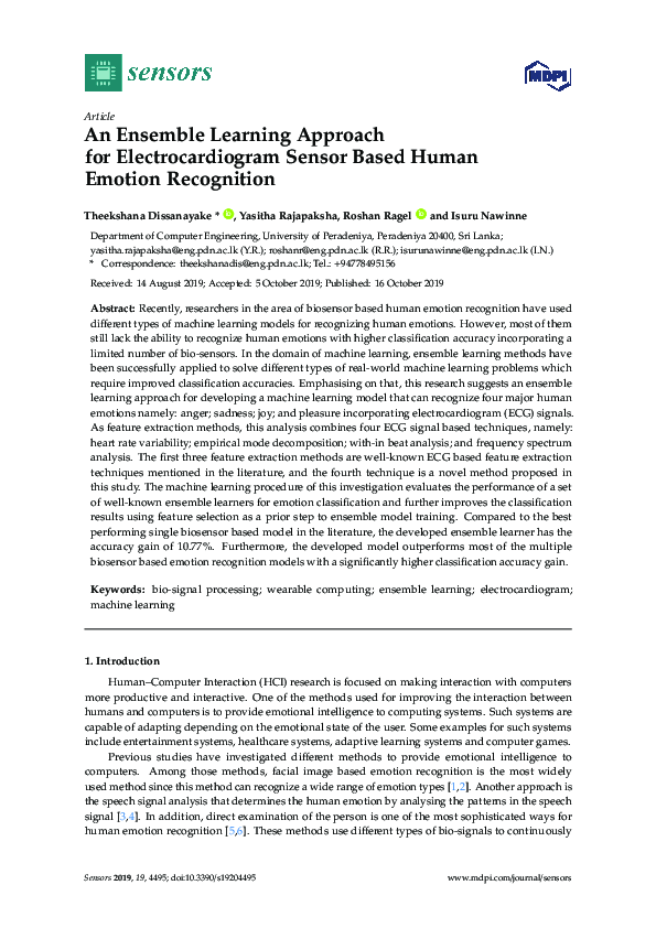 (PDF) An Ensemble Learning Approach for Electrocardiogram Sensor Based ...