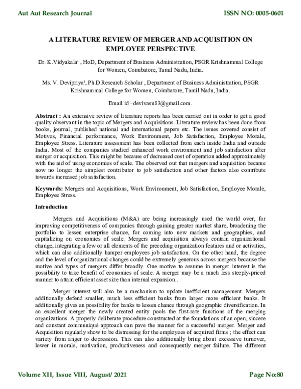 (PDF) A LITERATURE REVIEW OF MERGER AND ACQUISITION ON EMPLOYEE PERSPECTIVE