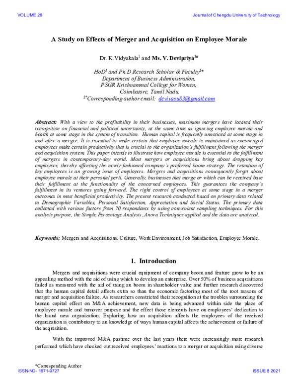 (PDF) A Study on Effects of Merger and Acquisition on Employee Morale