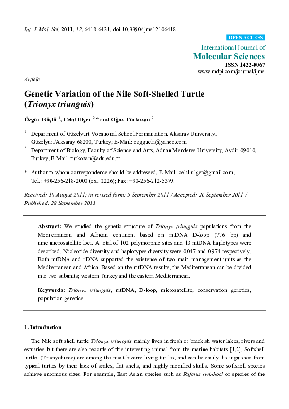 (PDF) Genetic Variation of the Nile Soft-Shelled Turtle (Trionyx triunguis)