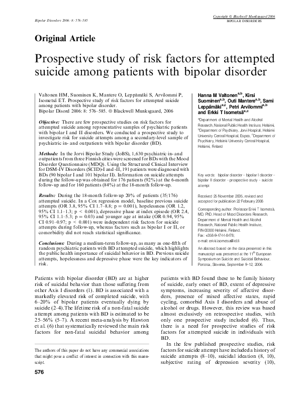 (PDF) Prospective study of risk factors for attempted suicide among ...