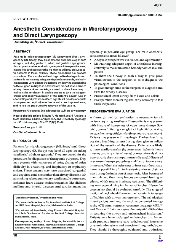 (PDF) Anesthetic Considerations in Microlaryngoscopy and Direct